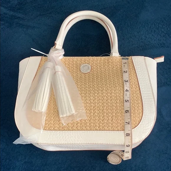 Anne Klein White and Tan Satchel with Chic Tassel with shoulder strap. - Picture 3 of 10